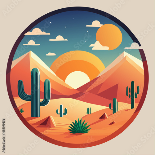 Icône ronde représentant dunes et cactus abstraits