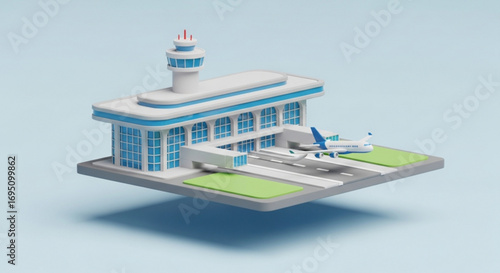 Isometric 3d render of an airport terminal with a control tower and airplane on the runway