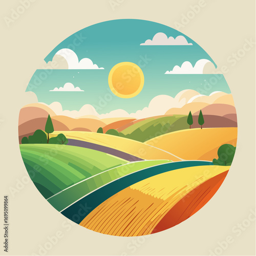 Icône ronde représentant champs et collines