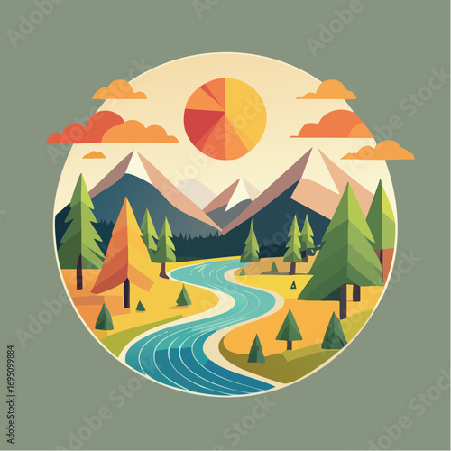 Icône ronde minimaliste avec rivière et soleil couchant