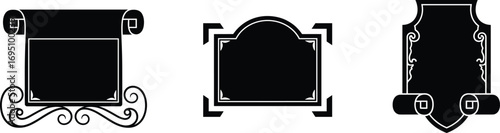 Set of three decorative vintage frames with ornate scrollwork, classic curved and shield shapes, ideal for certificates, awards, or antique design themes.