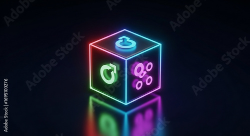 Neon cube with colorful symbols, creating a vibrant and futuristic design element for technology and innovation concepts