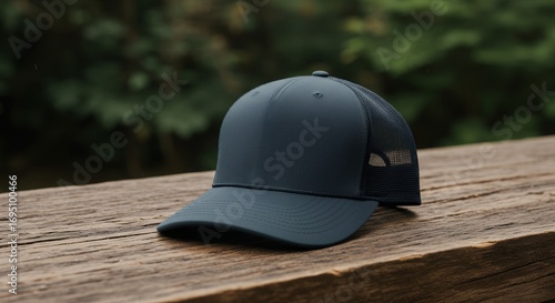 Dark colored baseball cap displayed on wooden surface against blurred greenery