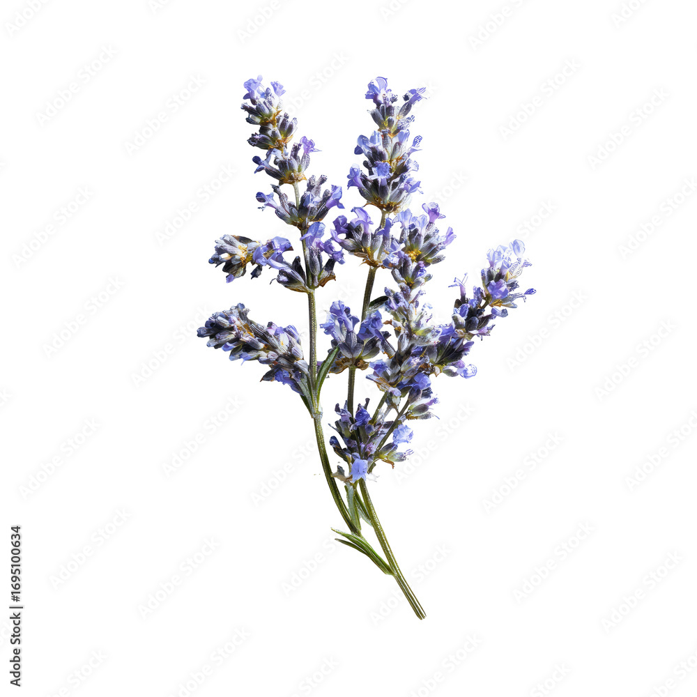 Naklejka premium Close-up of a lavender sprig. Clusters of vibrant violet-purple flowers on a delicate stem are highlighted against a pure black background. Sharp focus on the blossoms