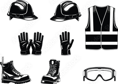 Silhouettes of essential construction safety gear including hard hats, protective gloves, reflective safety vest, work boots, and safety goggles for worker protection.