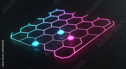 Abstract geometric hexagon pattern with glowing neon light effect on dark background, futuristic technology concept