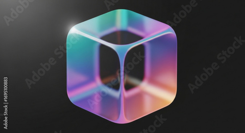 Holographic cube with rounded edges floating in a dark space, creating a futuristic and modern aesthetic design element