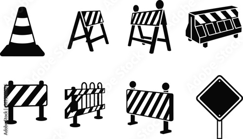 Traffic Barricades and Road Sign Silhouettes – Safety Barriers, Warning Cones, and Construction Zone Signs for Traffic Control and Road Safety
