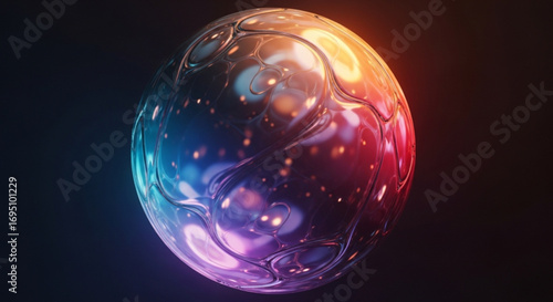 Abstract 3d rendering of a colorful sphere with liquid texture and glowing lights on a dark background