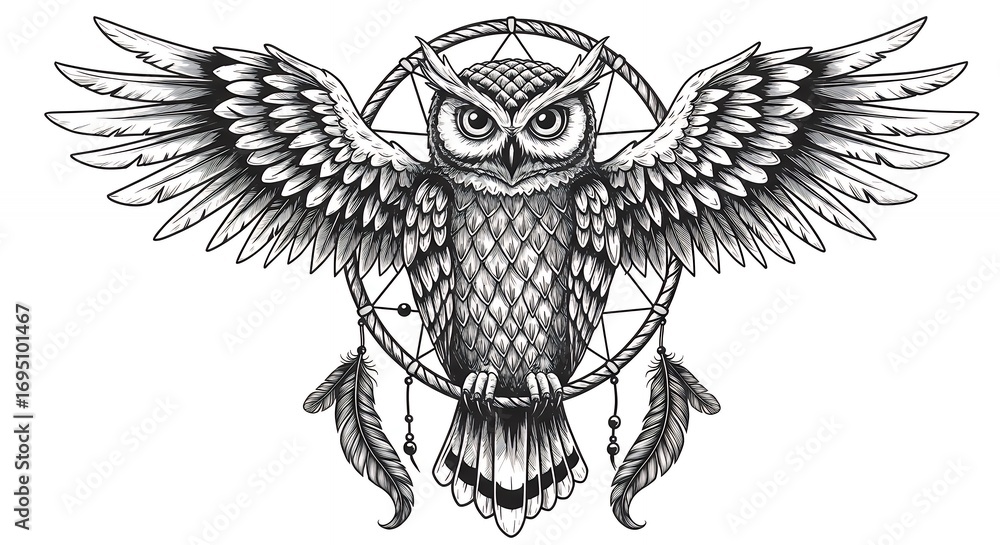 Fototapeta premium Detailed owl illustration with extended wings and dream catcher elements