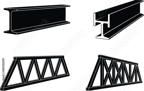 Vector illustration of steel I-beams, H-beams, and triangular truss bridge frames, ideal for construction, engineering, architecture, and industrial design projects.