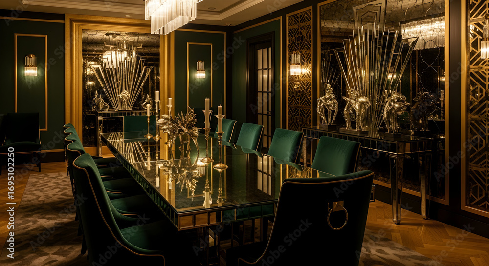 Fototapeta premium Glamorous Dining Room with Reflections and Art Deco Elements in Luxurious Ambiance