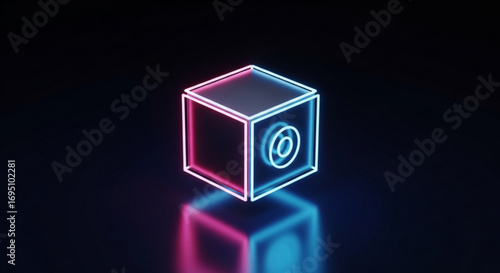 A neon cube with a circle inside it glows in the dark, casting a reflection on the surface below it, creating a futuristic vibe