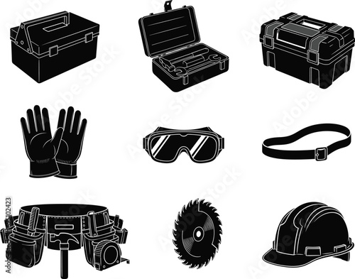 Vector silhouette icons of construction tools and safety equipment including toolbox, gloves, safety goggles, tool belt, circular saw blade, and hard hat.