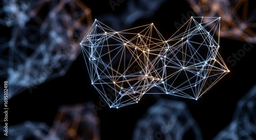 Abstract polygonal structure with glowing nodes and lines creating a complex network on a dark background for futuristic design