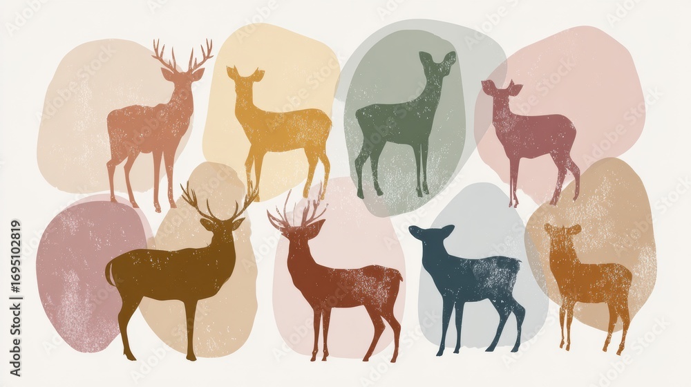 Fototapeta premium Colorful Abstract Deer Silhouettes Against Soft Background Shapes in Earthy Tones Showing Natures Diversity