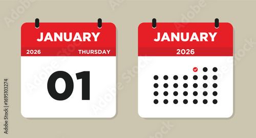 January 1 2026 Calendar Vector Illustration. New Year Date Icon. Day calendar with date January 1. Week Starts on Sunday. Checklist day calendar.