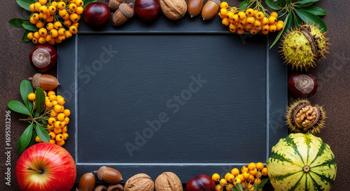 Fototapeta Naklejka Na Ścianę i Meble -  Dark frame surrounded by autumnal fruits, nuts, and berries, offering central free space for text or logo, showcasing harvest season theme