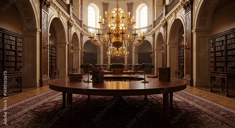 Fototapeta premium Grand Library Interior With Ornate Architecture, Books And Elegant Lighting Design