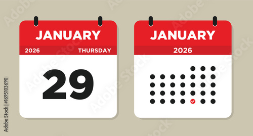 January 29 2026 Calendar Vector Illustration. 29 january calendar page. event reminder illustration. Day calendar with date January 29. Week Starts on Sunday. Checklist day calendar.