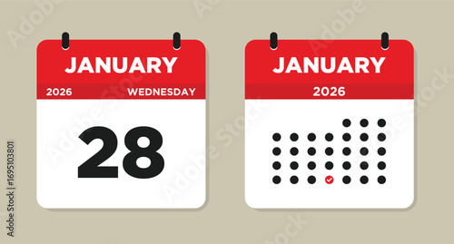 January 28 2026 Calendar Vector Illustration. 28 january calendar page. event reminder illustration. Day calendar with date January 28. Week Starts on Sunday. Checklist day calendar.