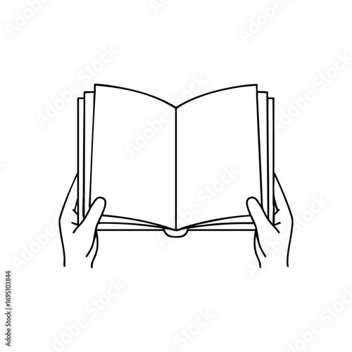 Hands Holding Open Book. A simple icon depicting a person's grasp on an expansive volume, conveying the essence of learning, wisdom, and discovery.