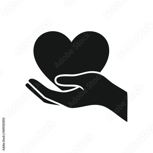 Caring Hand Supporting a Heart Icon. A gentle palm cradling a symbolic emblem of affection. This minimalist graphic conveys concepts of kindness, wellness, devotion, and generous giving.