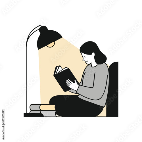 Young Woman Reading by Desk Lamp. A person absorbed in literature, bathed in soft illumination. This image represents quiet study, intellectual pursuit, and peaceful contemplation.