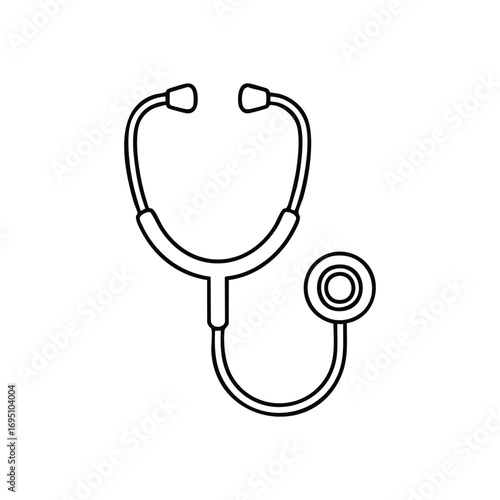 Medical Stethoscope Health Icon. This minimalist white line graphic depicts a vital clinical instrument, symbolizing diagnostics and patient care. Ideal for healthcare themes.