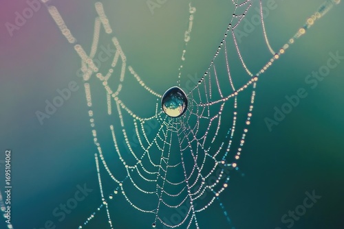 A glistening dewdrop rests at the center of an intricate spiderweb, adorned with countless tiny droplets.