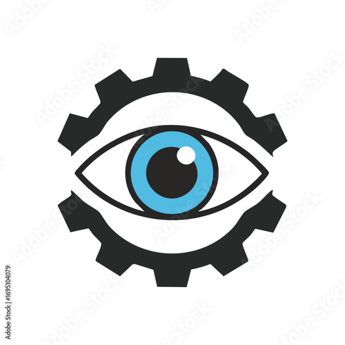 Industrial Eye Gear Logo. Visualizing vigilance, this icon features an optical component within a mechanical cog, representing systemic oversight, automation, and technological precision.