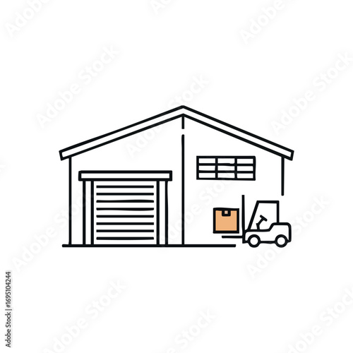 Logistics and Storage Facility Icon. Modern outline illustration of a large commercial building with an operating forklift. Represents efficient supply chain processes, distribution, and global.