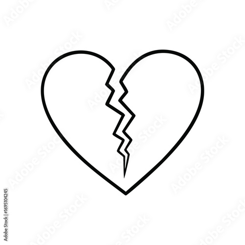 Shattered Heart Minimalist Icon. This striking graphic depicts a stark white fractured emblem, symbolizing sorrow, separation, and deep emotional pain. Ideal for concepts of lost affection.