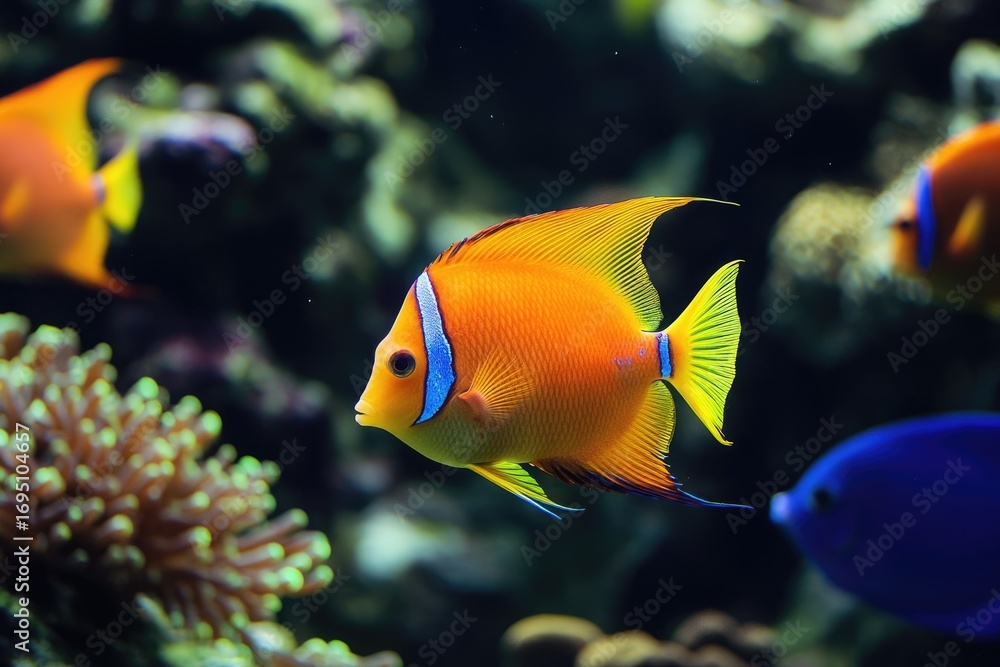 Naklejka premium Vibrant orange fish with blue stripes swims in a coral reef aquarium.