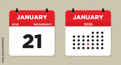 January 21 2026 Calendar Vector Illustration. 21 january calendar page. event reminder illustration. Day calendar with date January 21. Week Starts on Sunday. Checklist day calendar.