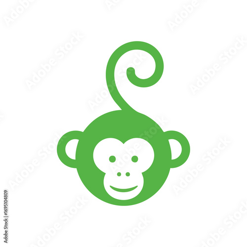 Happy Green Monkey Character Icon. This charming primate illustration features a cheerful visage with a whimsical coiled tail, set against a dark backdrop. It conveys joy and playful spirit.