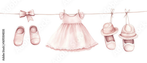 Sweet baby girl clothes and shoes hang neatly