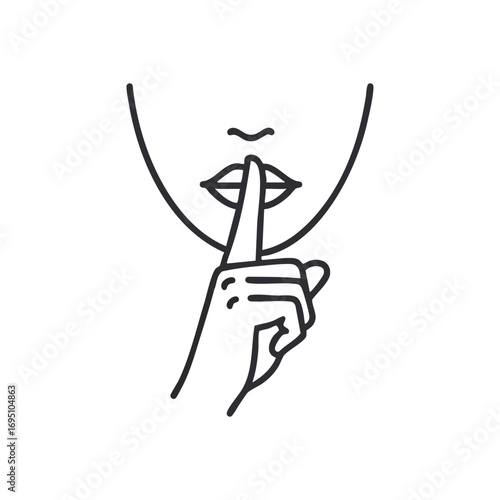 Shush Gesture Outline. A minimalist line drawing showing a hand with a finger pressed to lips, symbolizing a plea for quiet, secrecy, or discretion.