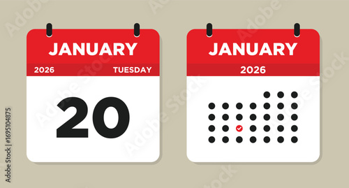January 20 2026 Calendar Vector Illustration. 20 january calendar page. event reminder illustration. Day calendar with date January 20. Week Starts on Sunday. Checklist day calendar.