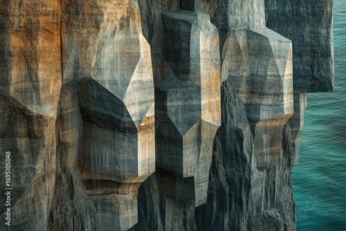 Geometric rock formations create a dramatic cliff face overlooking the ocean, showcasing natural artistry and erosion.
