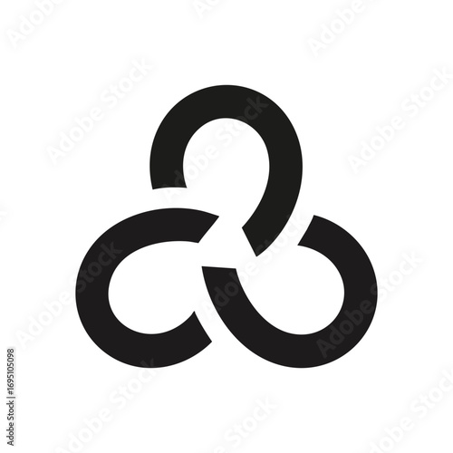 Interconnected Loops Abstract Icon. Sleek dark gray graphic featuring three joined circular shapes on black, symbolizing unity, collaboration, or eternal connection. Minimalist design.