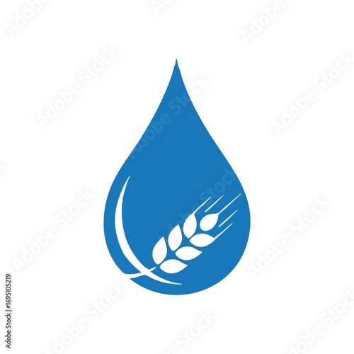 Water Drop Grain Symbol. This blue aqua shape, housing a white cereal sprig, signifies the essential link between hydration and growing crops. Promotes sustainable food systems.