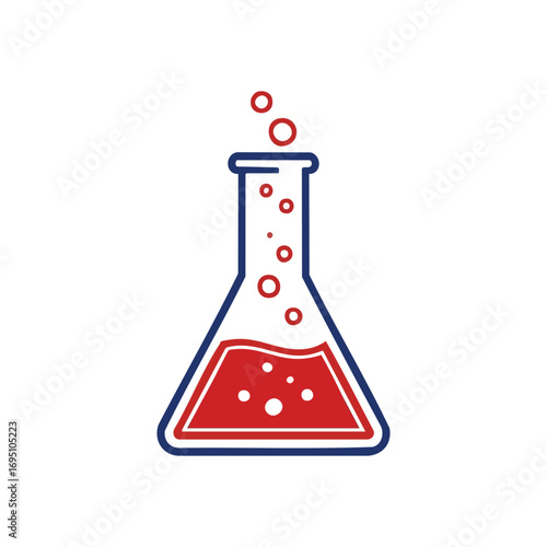 Dynamic Science Flask Illustration. Minimalist graphic of a conical laboratory vessel with effervescent red liquid, embodying discovery, academic advancement, and innovation.