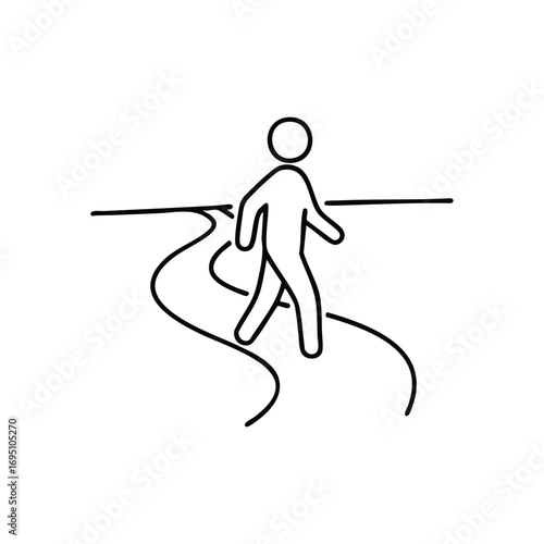 Solitary Figure on a Curving Journey. An emblematic white silhouette navigates a faint, meandering route on a deep black background, representing life's progress and choices.