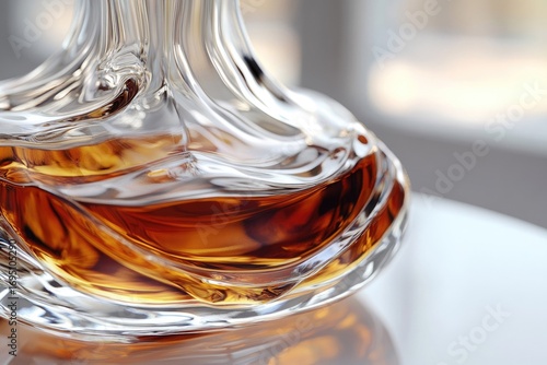 Close-up of amber liquid in an elegant, sculpted glass decanter.