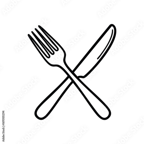 Dining Cutlery Icon. Stylized graphic of crossing flatware on a dark backdrop, perfect for food service businesses and culinary establishments. Signifies gourmet experiences.