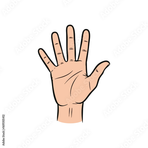 Open Palm Hand Gesture Illustration. Stylized depiction of a human palm with fingers extended, conveying a sense of greeting, welcome, or halt. This versatile graphic symbolizes openness.