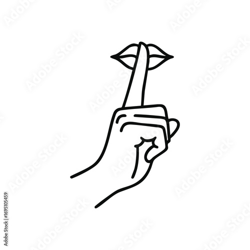 Shhh Hand Gesture Silence Symbol. A clear black and white illustration of an arm segment with an index finger on closed lips, signifying a plea for quiet or confidentiality. It conveys secrecy.