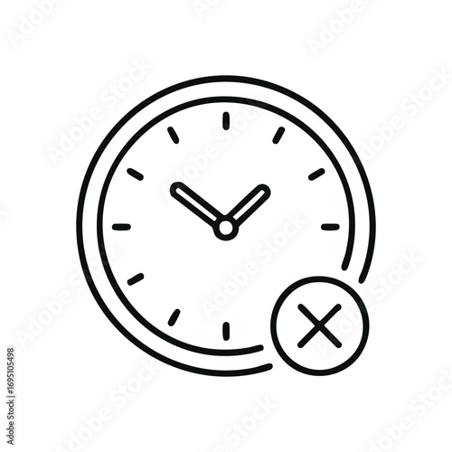 Time Limit Exceeded. This minimalist icon of a timepiece and cancellation symbol denotes temporal constraints, schedule denial, or an end to a duration. Perfect for digital alerts.