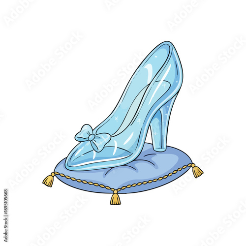 Glass Slipper on Regal Cushion. A radiant crystal heel rests on a plush blue pillow, symbolizing dreams, magic, and majestic transformation in a fairytale.